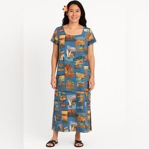 Reyn Spooner vintage midi dress size small postcards travel rayon shift Hawaiian
